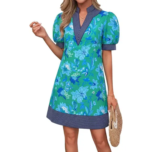 Wenrine Women's Summer V-Neck Shift Dress - Casual Puff Short-Sleeve Color Block Bohemian Tropical Dress with Pockets, Soft Lightweight Floral Stylish Women's Wear Tropical Clothing