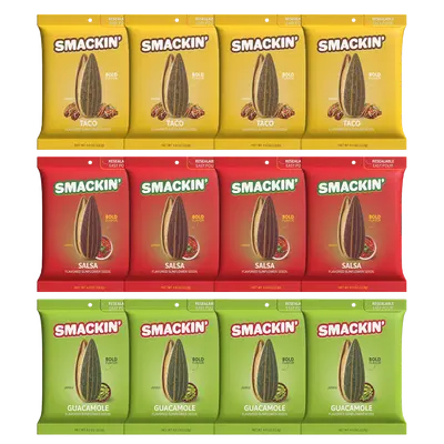 SMACKIN' Sunflower Seeds FIESTA PACK - 12 Resealable 4 OZ Bags of GUACAMOLE, SALSA, and TACO (4 of each)