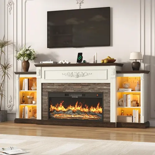 85" Electric Fireplace with Mantel, Farmhouse TV Stand with 36" Fireplace for TVs Up to 95 Inch, 37.6" Tall Entertainment Center with Charging Station & LED Lights, Carved Decoration, Antique White/Brown/Black/Light Rustic Oak