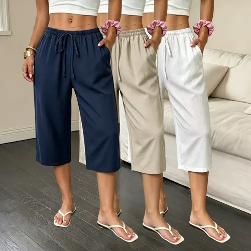 Pack of 3 women’s summer loose casual capri pants—comfortable, lightweight, breathable wide-leg pants with an elastic waistband; simple solid colors that are easy to match; suitable for travel, vacations, and everyday fashion wear.