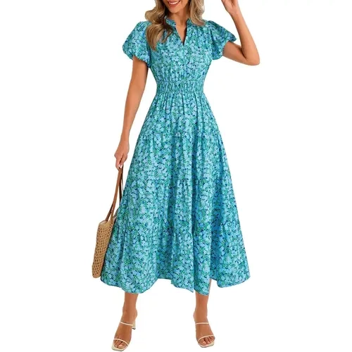 Wenrine Women's Summer All Over Print Floral Boho Flow Maxi Dress - Casual V-Neck Short-Sleeve Puff Sleeves, Smocked Waist, Loose Fit Moves Easily With Your Day, Pocket Convenience