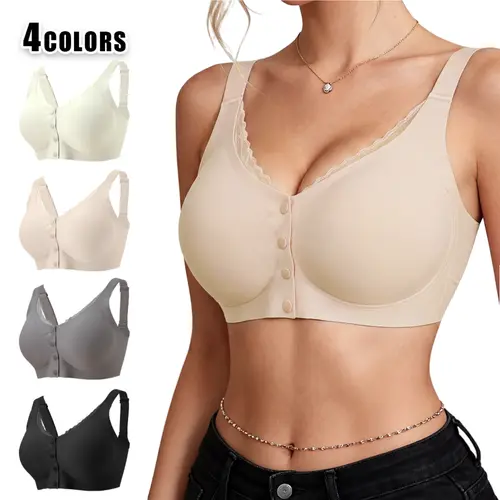4 Pcs Lady's Push Up Bras for Women - Basic 4-Color Elegant Seamless Wide-Strap Front-Button Wire-Free Breathable T-Shirt Lingerie with Multiway Internal Jelly Support, Non Slip Bralettes for Summer Wear summerwins  bralettet Balconette Bras Non Slip Bras