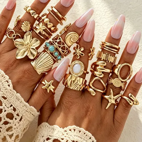 Women's Stackable Ring Set, Zinc Alloy Elegant Vintage Boho Chic Bohemian Turquoise, Geometric Star, Flower, Heart & Shell Design, Party Beach Birthday Gift Jewelry