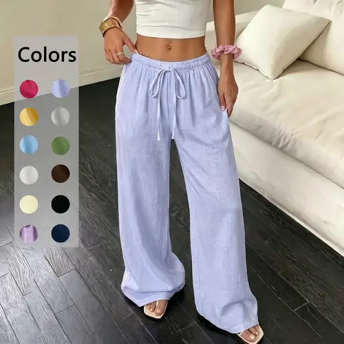 Women’s summer classic wide-leg beach pants with pockets, solid color drawstring casual trousers for travel and vacations