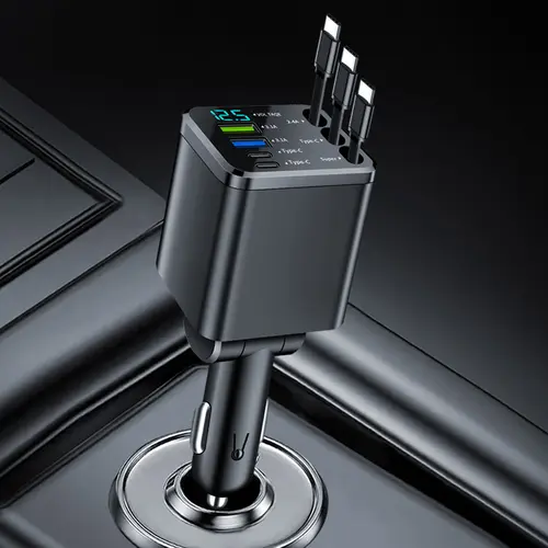 7 in 1 Retractable Car Charger USB C Fast Charging Adapter with 3 Type C Retractable Cables PD QC Fast Charge LED Voltage Display 180 Degree Adjustable Multi Port Car Charger for iPhone Android Samsung Road Trip Travel Car Accessories Compact Plug and Pla