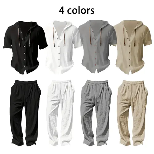 Men’s cotton-linen casual hooded short-sleeve top and long pants set, vacation style, suitable for autumn and summer; lightweight and comfortable—ideal for golf, running, yoga, training, hiking & outdoor activities, fishing, everyday wear, and leisure.