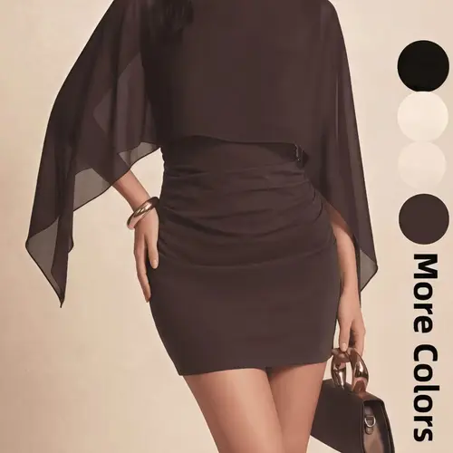 Autumn Elegant Lady Shawl Batwing Sleeve Dress, Chic Plain Surface Design, Perfect for Daily Parties and Casual Occasions