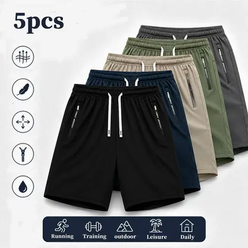 Men’s 5-Pack High-Stretch Ice Silk Mid-Thigh Premium Athletic Shorts - Soft, Solid Polyester-Elastane Blend Sport Shorts for Gym, Athletic Training