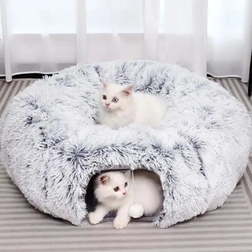 Cute Calming Kitten Beds, Kitten Essential Items - Soft Plush Warm, Foldable Detachable Washable Cat Tunnel with Multifunctional Splicing Design for Cozy Playtime & Relaxation