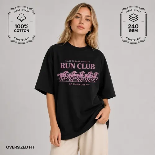 【NEW】Women's Run Club Pink Round Neck Garment, MADETOLAST Loose Drape Casual Oversized Cotton Athletic T-Shirt (Recommend Sizing Down), Comfortable