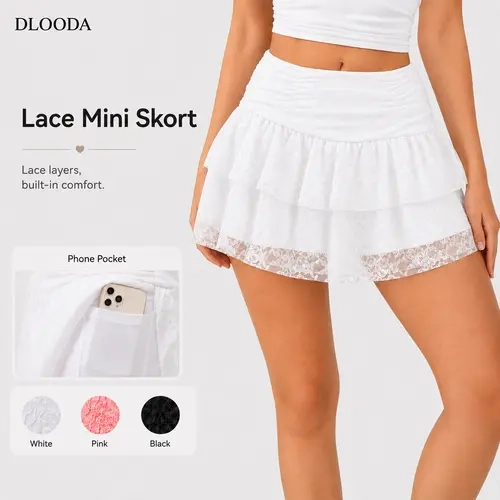 DLOODA Women's Layered Lace Tiered Short Length Plain Mini Skirt - Low Rise, Ruffled, Pleated, Flowy Women's Clothes Bottom Half Slip Underskirt for Casual Outings,sohochic