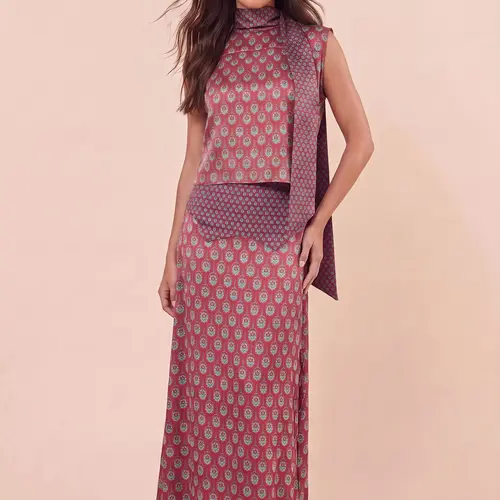 LikemyChoice 2026 Elegant Retro Print Satin Two-Piece Set | Sexy Sleeveless Scarf Neck Halter Top & Flowing Maxi Skirt | Euro Summer Vacation Old Money Matching Set