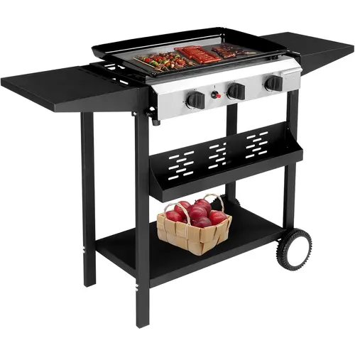 Karlhome 3-Burner Portable Propane Griddle - 40,000BTU Stainless Steel Gas Grill with Enameled Iron Tray, Ceramic Coating Compatibility, Rolling Flat Top, Electronic Ignition, Side Shelf, Regulator, Oil Management, Ideal for Outdoor Cooking Equipment
