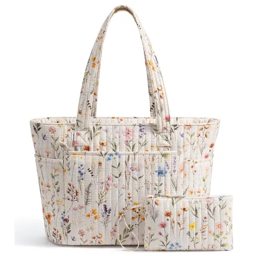 (New)Bagstellar Cotton Tote Bag for Women, Work Tote Bag with Full-closure Zipper ,18L capacity Daily Tote for 14" Laptop,Lightweight Quilted Shoulder Bag Matching cosmetic pouch for Teacher,Nurse,College,Gym,Travel