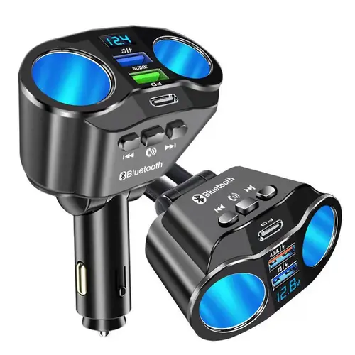5 Port Car Charger 2 USB 1 Type-C 2 Cigarette Lighter Sockets Multifunctional Car Bluetooth Fast Charger PD QC3.0 Fast Charging FM Transmitter Car Adapter with Digital Voltage Display Hands Free Calling Music Player Car Accessories Automotive Gadgets Road