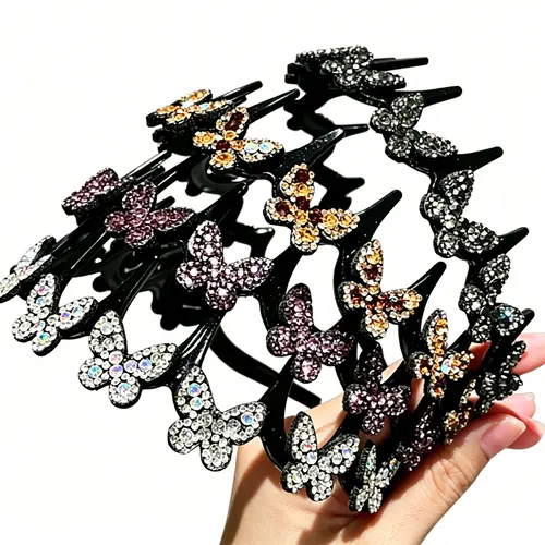 Women's 4Pcs Sparkly Butterfly Cute Headbands - Rhinestone Non-Slip Teeth Hair Hoops, Crystal Accents Hair Accessories, Flexible Fit Frame for Wedding Party