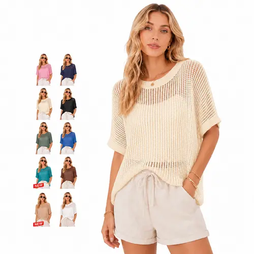 QUALFORT Women's Summer Scoop Neck Crochet Knit Pullover Shirt, Loose-Fit Shortsleeve Hollow-Out Top, Lightweight Open-Weave Basic Beach Cover-Up, Romantic Hand-Wash Knitwear for Casual Daily Wear & Vacation,sohochic