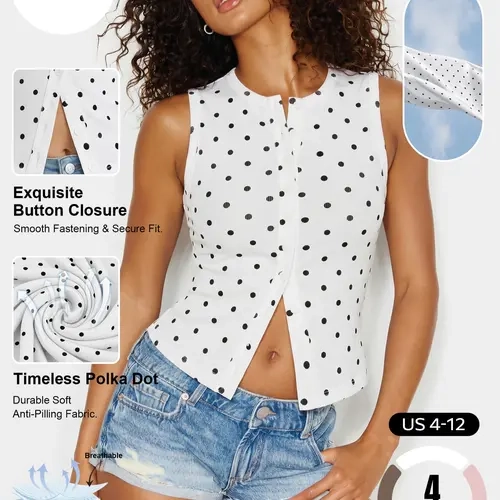Katch Me Chic Women's Versatile Polka Dot Button-Up Short Sleeve Flattering Top, Soft Skin-Friendly Breathable T-Shirt for Summer Streetwear, Lightweight Stretch Pill-Resistant Daily Outfit #TikTokMadeMeBuyIt #SummerEssentials #CasualTop