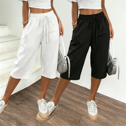 2-pack versatile, easy-to-style wide-leg mid-length pants — drapey seven-eighths pants that match any outfit; a vacation and travel essential.