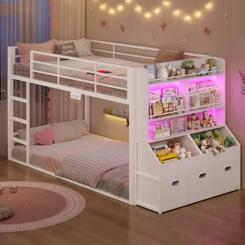 ADORNEVE Low Bunk Bed Twin Size with Bookshelf, Toy Organizer & Storage Drawers, Metal Floor Bunk Bed Twin Over Twin with RGB Lights & Charging Station, Safety Guardrail & Ladder, Small Space