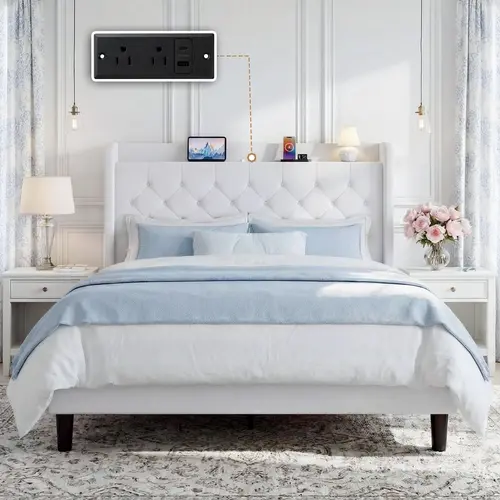 SHA CERLIN Diamond Tufted Upholstered Platform Bed Frame with Charging Station and Storage Headboard Velvet Linen, Bed Frames, Full/Queen/King, King Size Bed Frame, sohochic