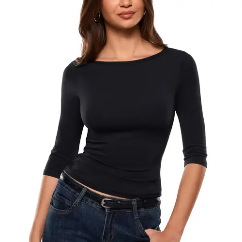 INLYRIC Women's Airsoft 3/4 Length Sleeve Tops Single Layer Crew Neck T Shirts Basic Tees Slim Fitted Going Out Tops Spring Summer Wear Everyday Fabric