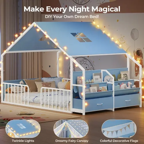 ADORNEVE Full Size Floor Bed with Sling Bookshelves and Storage Drawers Metal House Bed with Safety Guardrails for Bedroom