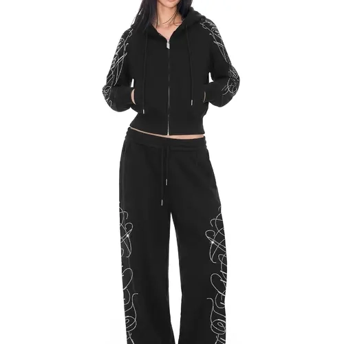 FDR Women’s Rhinestone Handwritten Letter Hoodie & Sweatpants Set, Cropped Zip-Up Sweatshirt,Heavyweight Relaxed Fit Casual Two-Piece Outfit, Versatile Streetwear for Daily Wear#TikTokShopBackToSchool
