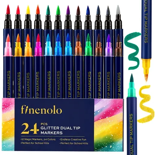 FINENOLO 2-Tone Shimmer Paint Markers Craft Supplies, 12-24 Pcs (12 Pcs Option) with Different Colors, Flexible Brush Tips, Art Gift Set for Coloring, Scrapbooking, Includes Markers