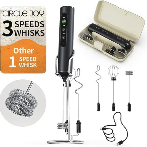 Rechargeable Cordless Automated Milk Frother - Kitchen Coffee & Tea Accessory, 4 Dishwasher-Safe Interchangeable Whisks, 1500mAh Battery, 3 Speed Settings, Compact Travel Case, Auto Shut-Off, for Home Chefs, Fitness Enthusiasts, Office Use