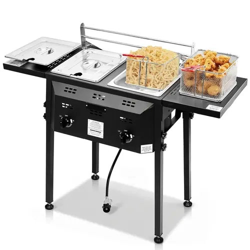 Karlhome Outdoor Propane Deep Fryer - Commercial Dual-Burner 16 Qt Cookware with Removable Baskets, Lids, Tanks, Thermometer, Foldable Side Tables & Cart, Outdoor Cooking Equipment with Dual Fire Control & Flame View Panel