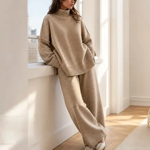 Arssm Women’s 2 Piece Sweater Lounge Set – Mock Neck Knit Top & Wide Leg Pants, Casual Fall Matching Sweatsuit Tracksuit Outfit for Cozy Travel & Daily Wear