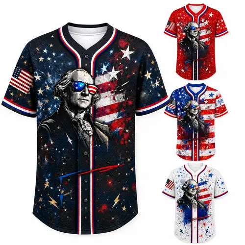 Men’s Patriotic Portrait Button-Up Graphic Shirt, USA Flag Stars Short Sleeve Baseball Style Casual Top for 4th of July
