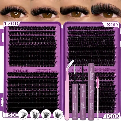 Lash Clusters Kit, 594–720pcs, 9–18mm D Curl, 30D–150D Natural Volume Eyelashes Individual Eyelash Book Set with Bond & Seal, Brush and Tweezers, Perfect for DIY at Home, Ideal for Women and Beginners, Cluster False Lashes