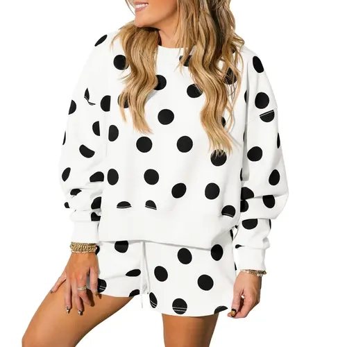 Fisoew Women's Polka Dot 2-Piece Loungewear Set - Lady's Oversized Round Neck Sweatshirt & Drawstring Shorts Casual Matching Tracksuit, 2 Piece Sets Women