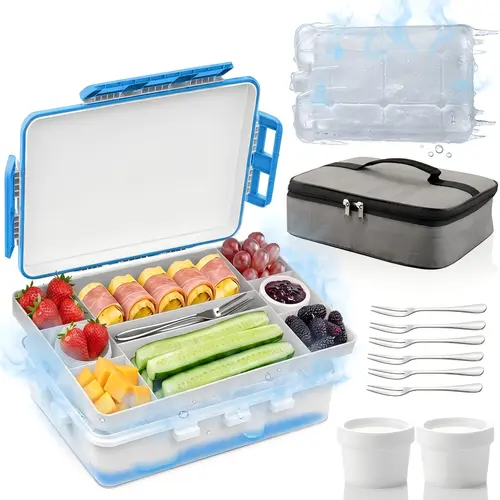 Insulated Smart Lunch Box Bag Set - Leak-Proof, 4-Side Locks, Ice-Pack Cooling, Compartmentalized Containers with Removable Divided Tray, Reusable Ice Pack, Dip Cups & Fork Set, Meal Prep Organizer for Picnic, Back to School Gifts
