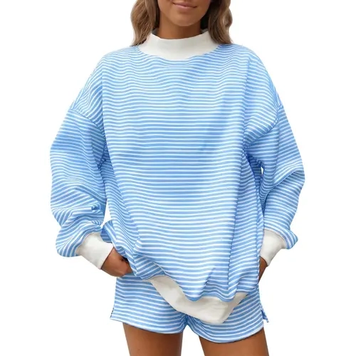 FISOEW Women's Trending 2-Piece Striped Loungewear Set - Breathable Matching Fabric Cute Clothes, Mock Neck Oversized Sweatshirt & Drawstring Sweat Shorts, Casual Tracksuit for Women's Tops