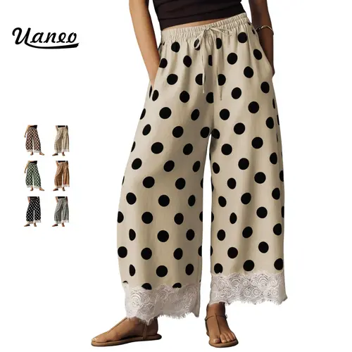 UANEO Womens Polka Dot Wide Leg Palazzo Pants High Waisted Summer Lace Trim Cropped Baggy Trousers with Pockets