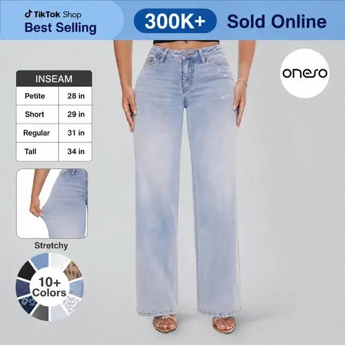 【4 Lengths】Magic ONESO Mid-low Rise BBL Jeans Stretchy Wide Leg Tummy Control Distressed Baggy Denim Pants Plus Size Regular Size Curve Hugging Fall Fashion