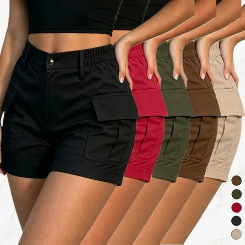 Single pack. Women’s solid-color cargo shorts with flap pockets—casual quality and durable fashion shorts suitable for everyday outdoor wear; summer women’s bottoms, slightly short length.Summervibes