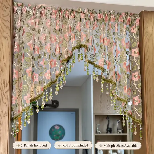 Drill-Free Embroidered Lace Wardrobe Curtains - Beaded Tulle Fringe Door Dividers, Bohemian Floral Room Decor, Household Items, Whimsical Home Decor Items for Renters (Beaded Curtains)