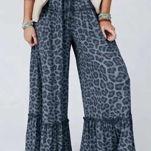 Women's High Waist Chic Leopard Print Oversized Wide Leg Pants - Comfy Drawstring Fit Bottoms, Boho Expandable Ruffle Hem Apparel, All Seasons, Pairs Easily with Tees, Tunics, Coats, Style, Casual Comfy Trousers,sohochic