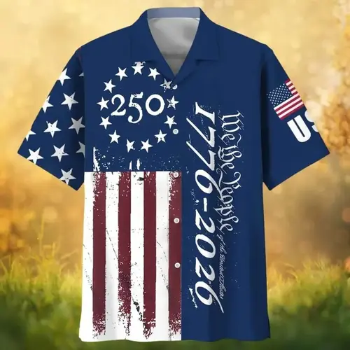 Men's Lightweight Short-Sleeve V-Neck Button-Down Textured Woven Polyester Hawaiian Shirt - 1776-2026 US Flag 250th Anniversary Freedom Patriotic Aloha Mix, Outdoors Holiday Top, Ideal Gift for Spouse, xwy07, Textured Woven Fabric