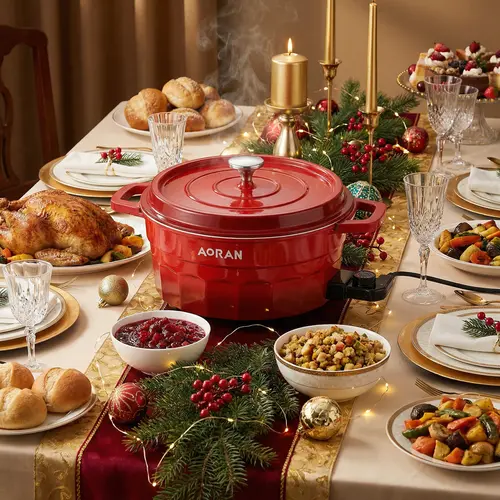 AORAN Multifunctional Hot Pot Cooker - Red Easy Clean Enamel Corded Dual-Zone Electric, Rapid Heat Transfer, High-Temp Resistant, 2-Zone Control, Non-Stick Coating, Less Scrubbing, Induction Stovetop Compatible, Back to School,sohochic