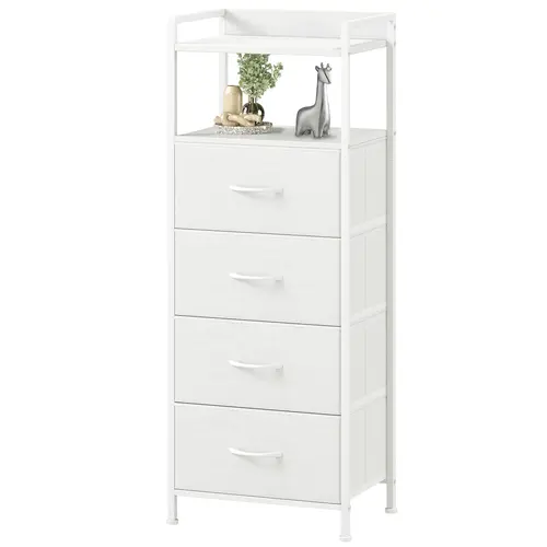 Somdot White Modern Fabric 4-Drawer Skinny Storage Tower - Indoor Furniture Cupboard for Bedroom Use, Night Stand Drawer
