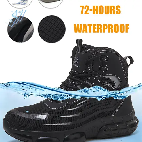 MELLOWMILES Men's Steel Toe Work Shoes - Lightweight Waterproof Lace-Up Boots, Patchwork Polyester Upper, Non-Slip TPU Sole, Round Toe, Above-the-Ankle Below-Knee Design for Construction, Warehouse, Outdoors, Shoe, Closed