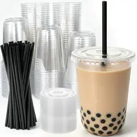 16oz Transparent Shatter-Resistant Disposable PET Plastic Cups Set with Lids & Black Straws, 100-Pack Thick Takeaway Cups, Stackable for Storage, Ideal for Iced Coffee, Camping
