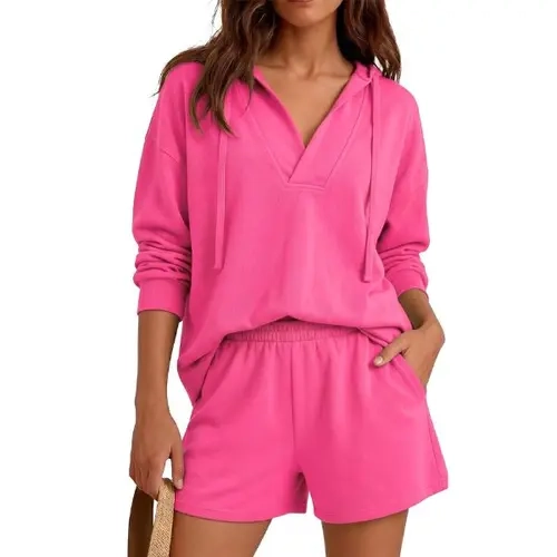 Fisoew Women's 2-Piece Cloud-Soft Lounge Set, Long-Sleeve V-Neck Oversized Pullover Hoodie & Shorts, Everyday Athleisure Style, Active Travel Fall Outfit, 2 Piece Sets,sohochic