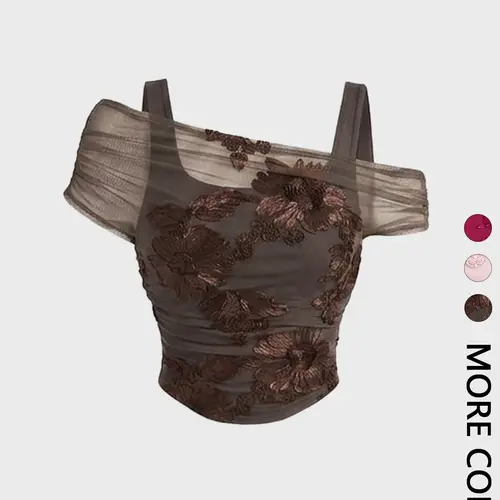1 Piece Cold Shoulder Mesh Top with Floral Embroidery, Women's Ruched Bodycon Short Sleeve Party Blouse Boho Floral Blouse Boho Chic Blouse Boho Tops