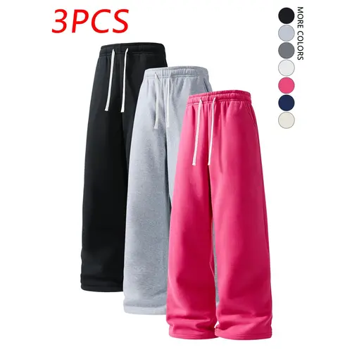 3-pack men’s solid-color drawstring loose straight-leg sweatpants, unisex multifunctional joggers, casual long pants, comfortable solid-color running pants suitable for everyday wear.Baggy wide-leg sweatpants, elastic drawstring waist, street style, loose